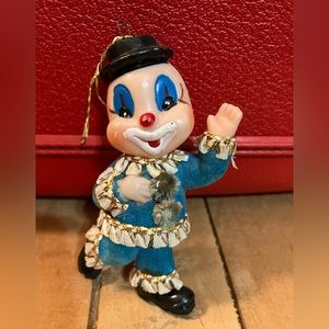 Vintage Christmas Ornament Felt/Flocked Clown Plastic Face